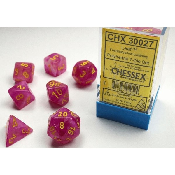 Chessex RPG DICE - Leaf Fuschia with Yellow - Luminary Glow effect - Polyhedral 7-Die Set