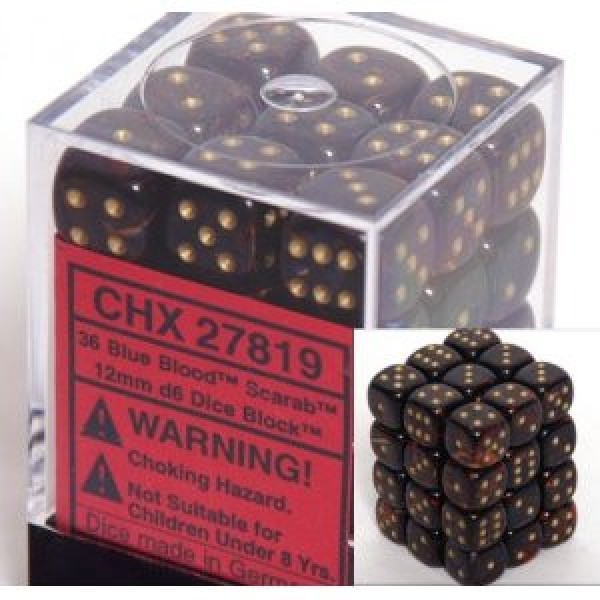 Chessex - Scarab 12mm d6 Blue Blood/Gold (36)