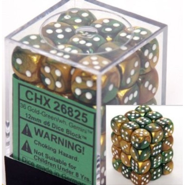 Chessex - Gemini 12mm d6 Gold-Green w/White (36)