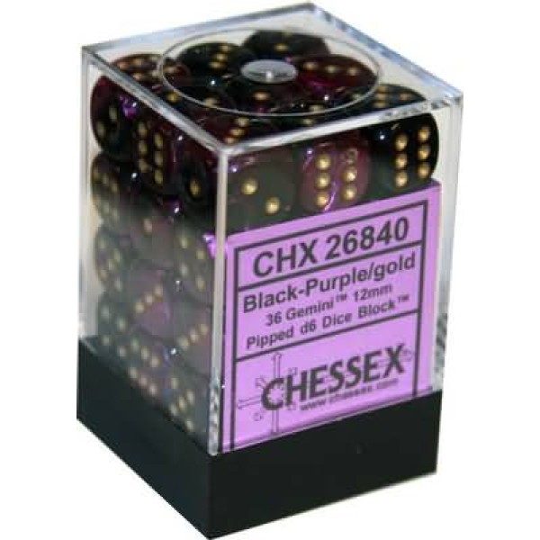 Chessex - Gemini 12mm d6 Black-Purple/Gold (36)