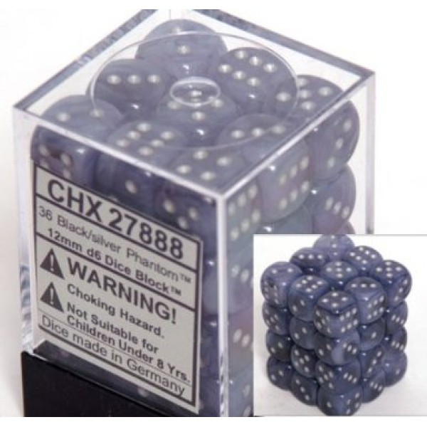 Chessex - Phantom 12mm d6 Black/Silver (36)