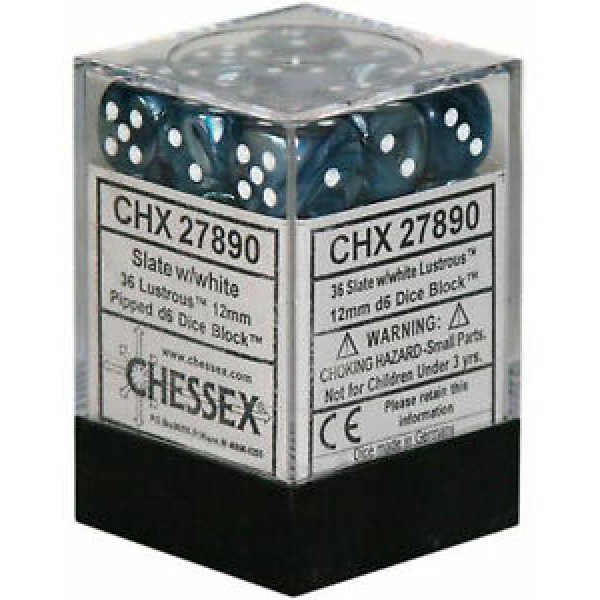 Chessex - Lustrous 12mm d6 Slate/White (36)