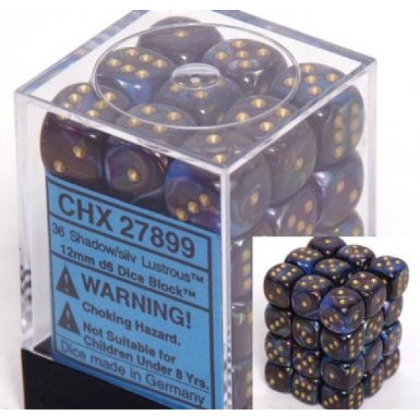 Chessex - Lustrous 12mm d6 Shadow/Gold (36)