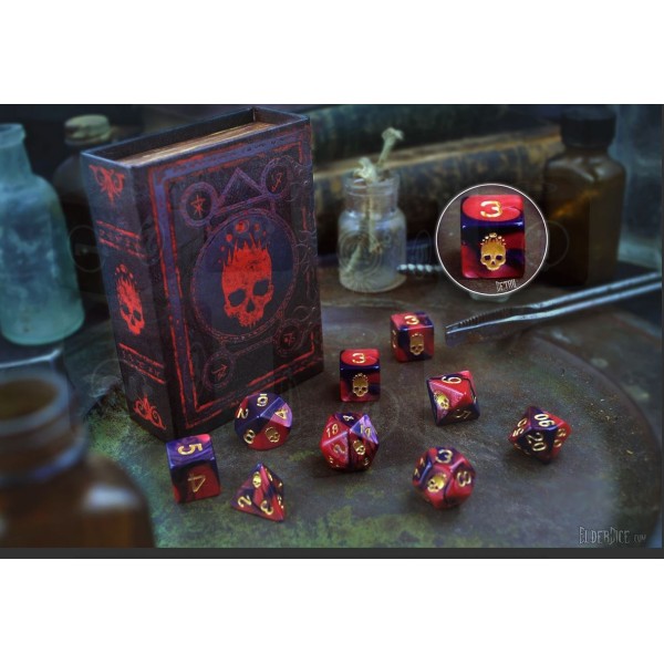 Elder Dice - 9 dice Poly Set - Red with Necronomicon Design