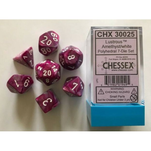 Chessex RPG DICE - Lustrous Amethyst with White - Polyhedral 7-Die Set