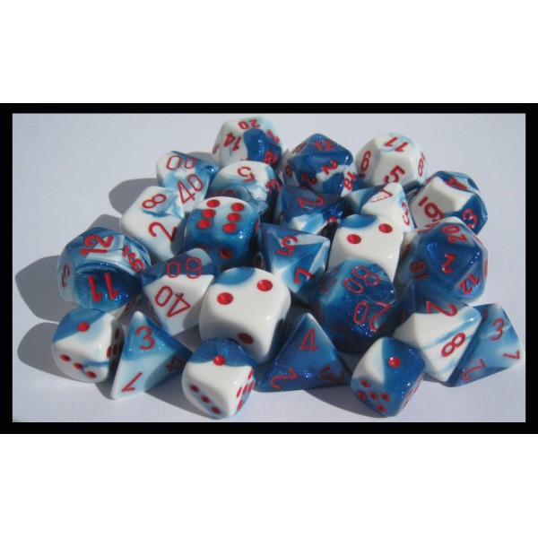 Chessex RPG DICE - Gemini Astral Blue White with Red - 7 Dice Set 