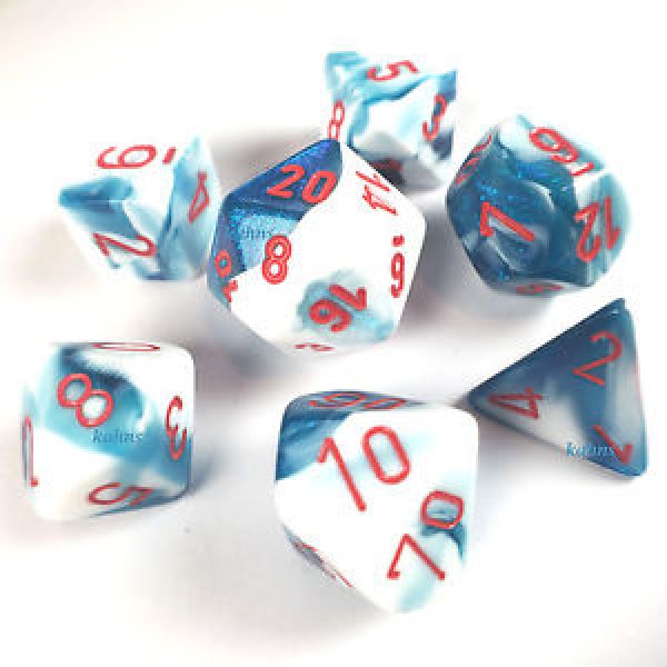 Chessex RPG DICE - Gemini Astral Blue White with Red - 7 Dice Set 