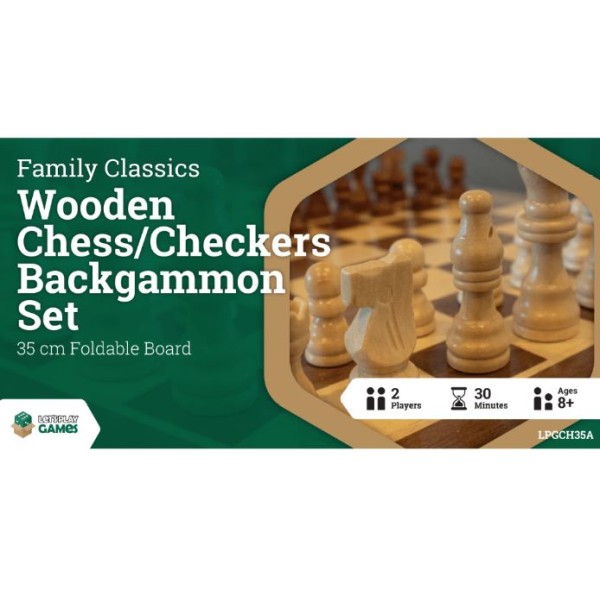 LPG Gaming - Family Classics - Wooden Folding Chess / Checkers / Backgammon Set (35cm)