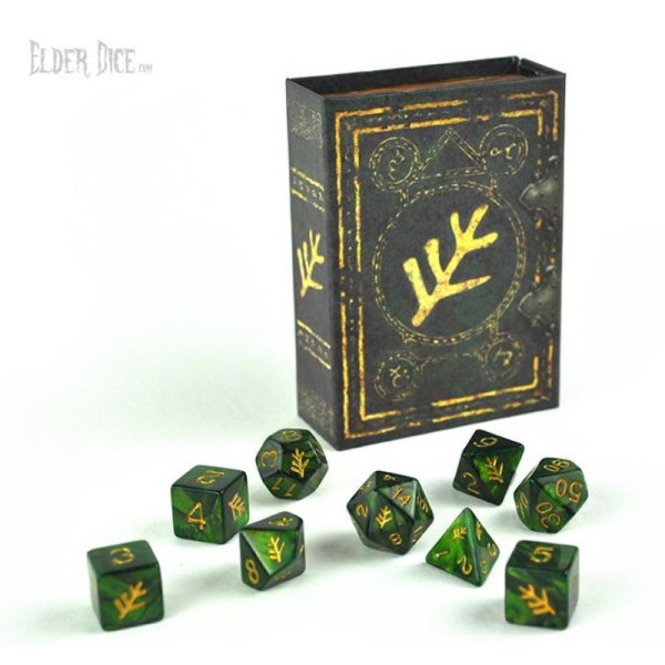 Elder Dice - 9 dice Poly Set - Green With Lovecraft Elder Sign Design