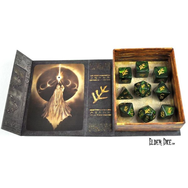 Elder Dice - 9 dice Poly Set - Green With Lovecraft Elder Sign Design