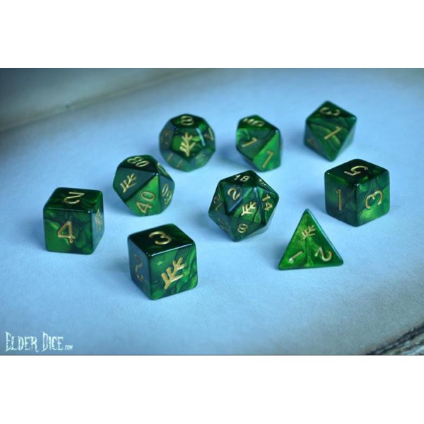 Elder Dice - 9 dice Poly Set - Green With Lovecraft Elder Sign Design