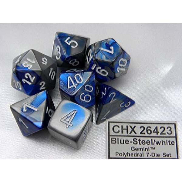 Chessex RPG DICE - Blue - Steel / white 7 dice set